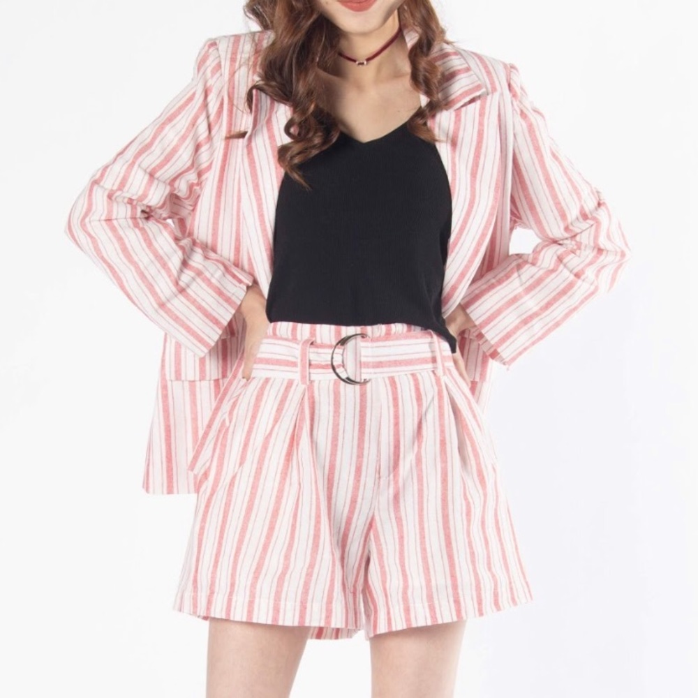 Red Stripes Linen Blend Blazer And Shorts Set - Picture 2 of 3
